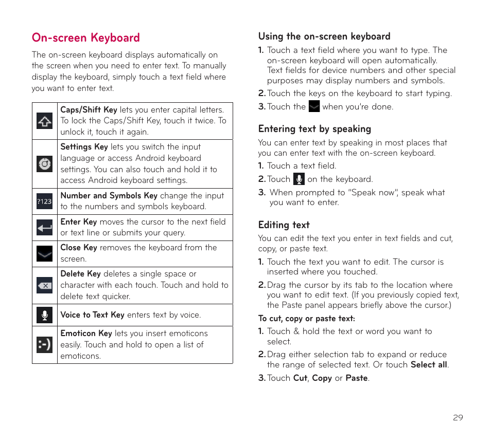 On-screen keyboard, Using the on-screen keyboard, Entering text by speaking | Editing text | LG V909 User Manual | Page 31 / 66