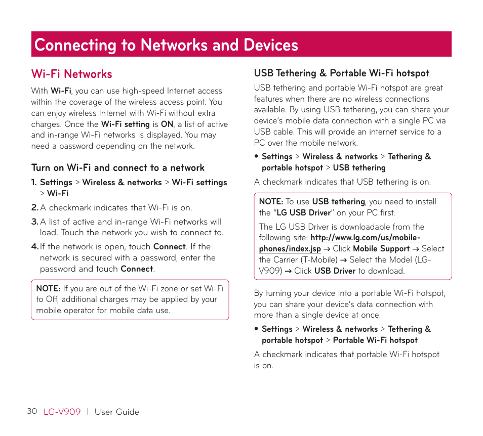 Connecting to networks and devices, Wi-fi networks, Turn on wi-fi and connect to a network | Usb tethering & portable wi-fi hotspot, Connecting to networks, And devices | LG V909 User Manual | Page 32 / 66