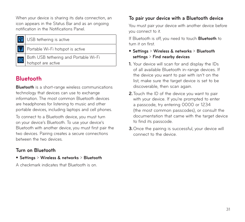 Bluetooth, Turn on bluetooth, To pair your device with a bluetooth device | LG V909 User Manual | Page 33 / 66