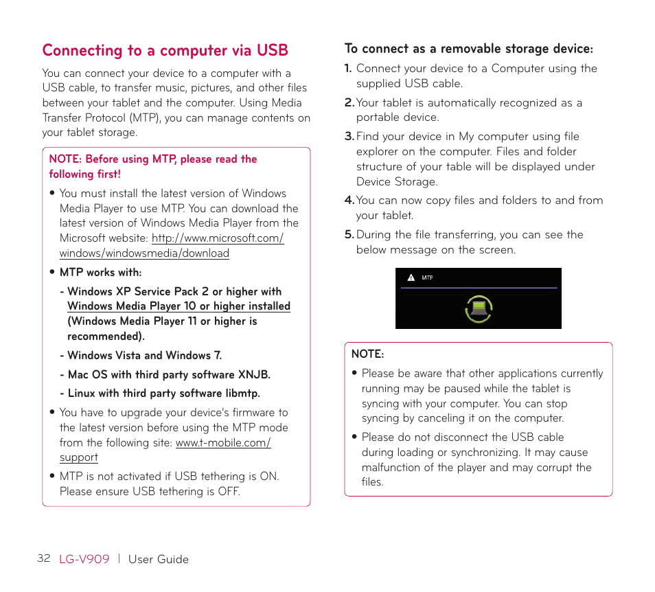 Connecting to a computer via usb | LG V909 User Manual | Page 34 / 66