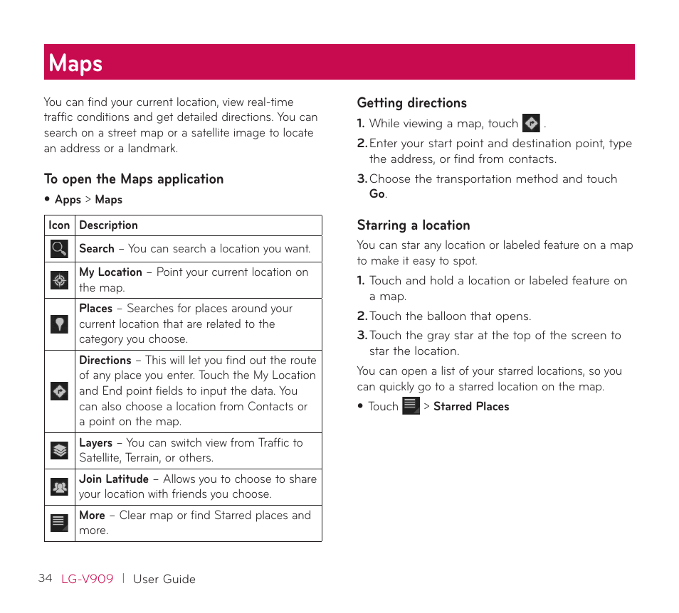 Maps, Getting directions, Starring a location | Getting directions starring a location | LG V909 User Manual | Page 36 / 66