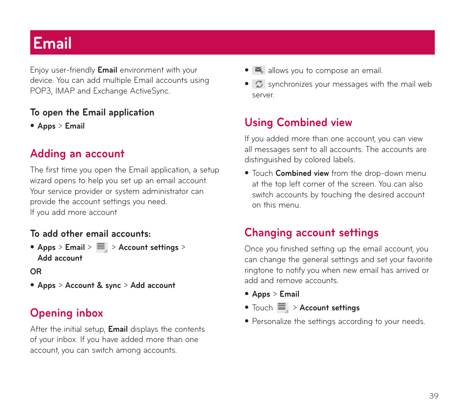 Email, Adding an account, Opening inbox | Using combined view, Changing account settings | LG V909 User Manual | Page 41 / 66