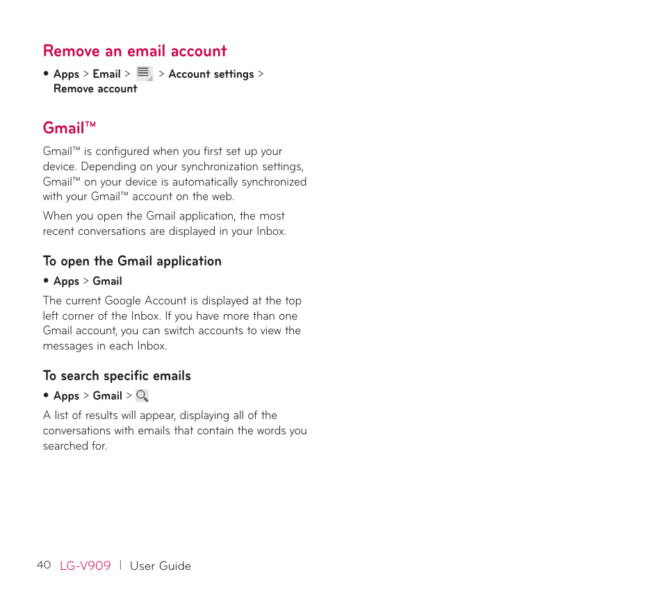 Remove an email account, Gmail, Remove an email account gmail | LG V909 User Manual | Page 42 / 66