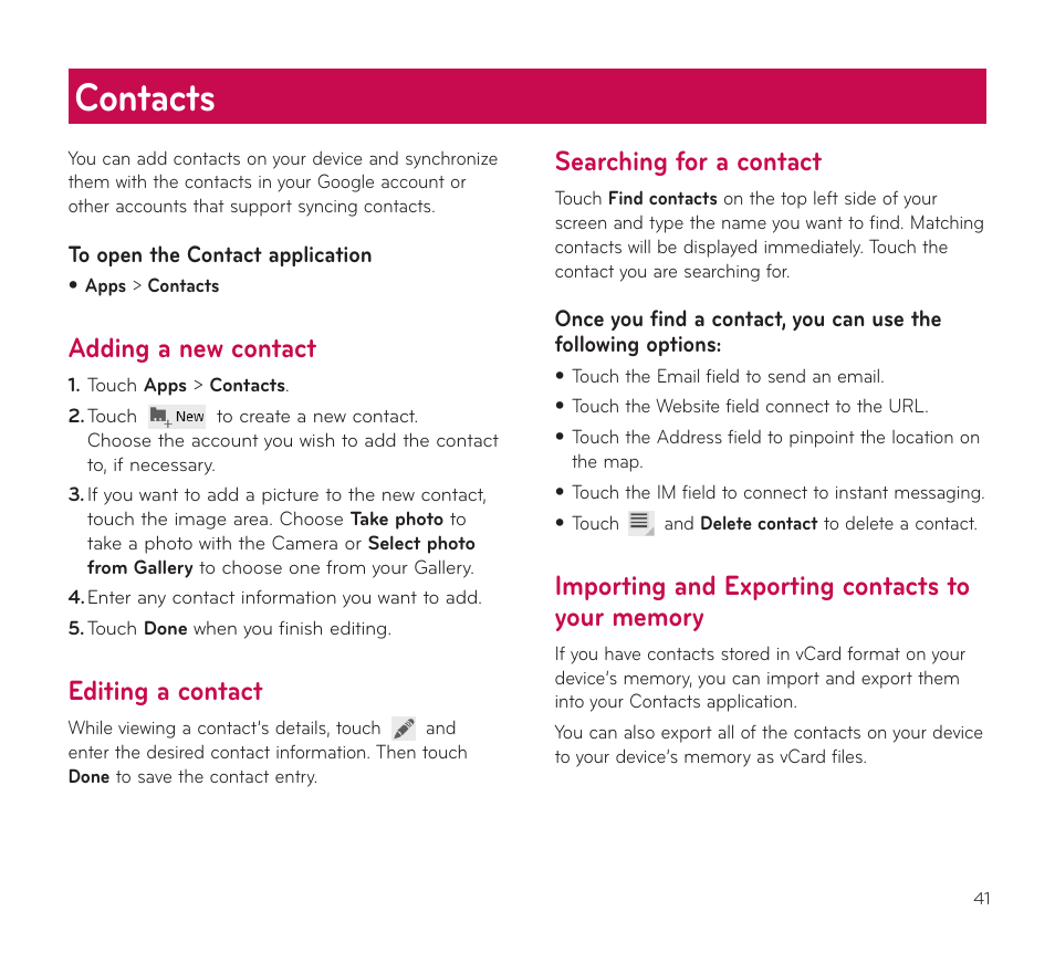 Contacts, Adding a new contact, Editing a contact | Searching for a contact, Importing and exporting contacts to your memory | LG V909 User Manual | Page 43 / 66