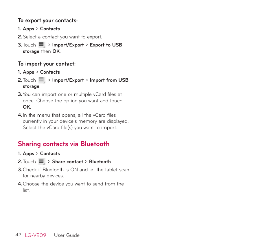 Sharing contacts via bluetooth | LG V909 User Manual | Page 44 / 66