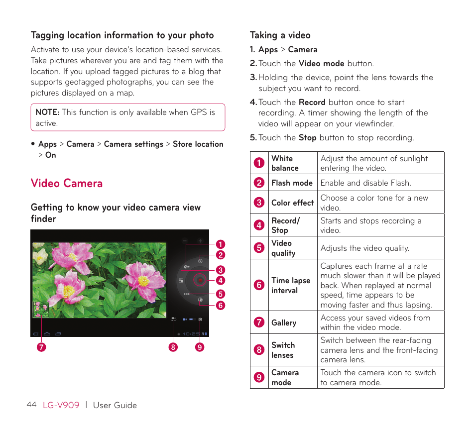 Tagging location information to your photo, Video camera, Getting to know your video camera view finder | Taking a video, Getting to know your video camera, View finder taking a video | LG V909 User Manual | Page 46 / 66