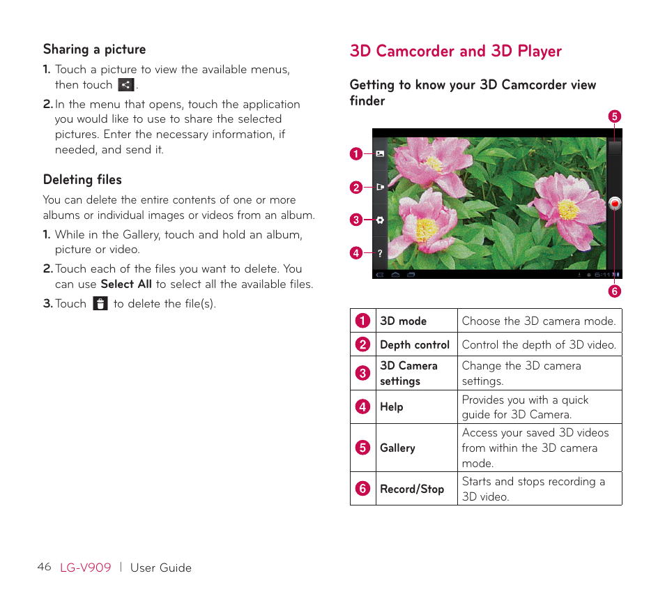 Sharing a picture, Deleting files, 3d camcorder and 3d player | Getting to know your 3d camcorder view finder, Sharing a picture deleting files, Getting to know your 3d camcorder, View finder | LG V909 User Manual | Page 48 / 66