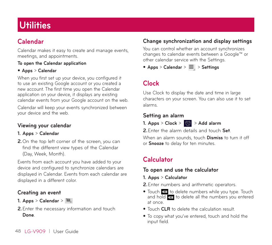 Utilities, Calendar, Viewing your calendar | Creating an event, Change synchronization and display settings, Clock, Calculator, Settings, Clock calculator | LG V909 User Manual | Page 50 / 66