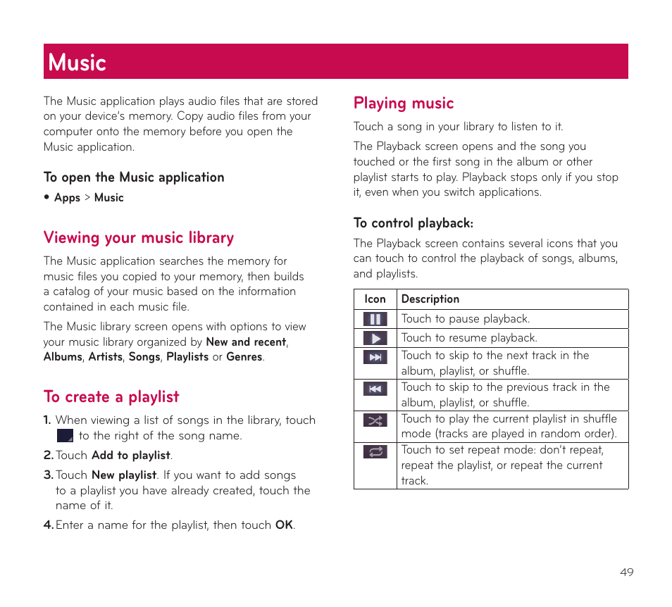 Music, Viewing your music library, To create a playlist | Playing music | LG V909 User Manual | Page 51 / 66