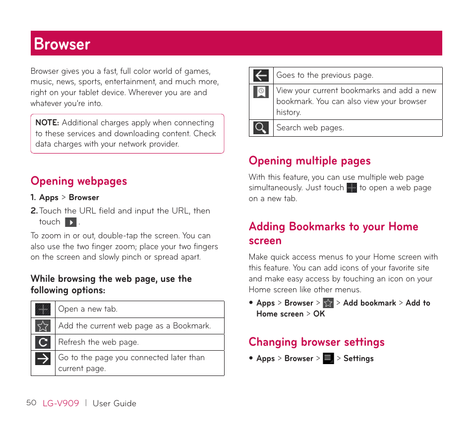 Browser, Adding bookmarks to your home screen, Changing browser settings | Opening webpages, Opening multiple pages | LG V909 User Manual | Page 52 / 66