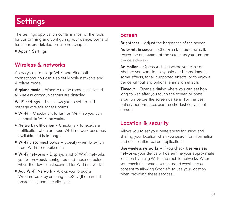 Settings, Wireless & networks, Screen | Location & security, Wireless & networks screen location & security | LG V909 User Manual | Page 53 / 66