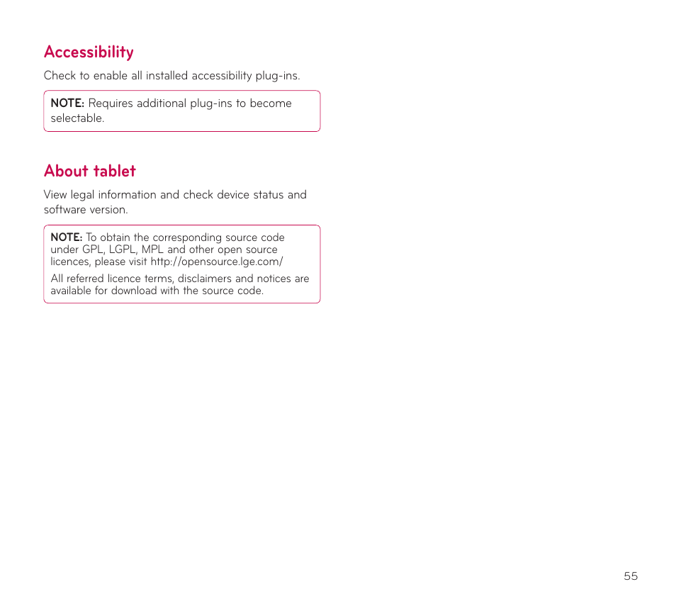 Accessibility, About tablet, Accessibility about tablet | LG V909 User Manual | Page 57 / 66