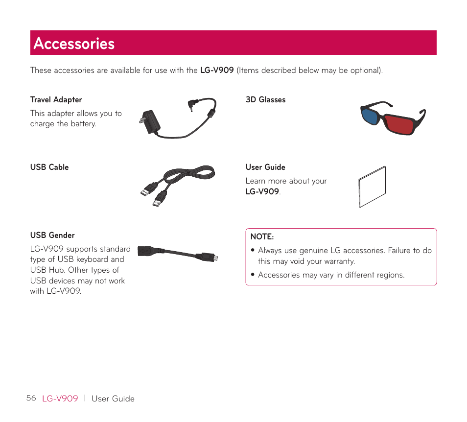 Accessories | LG V909 User Manual | Page 58 / 66