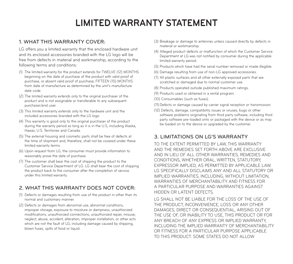 Limited warranty statement | LG V909 User Manual | Page 64 / 66