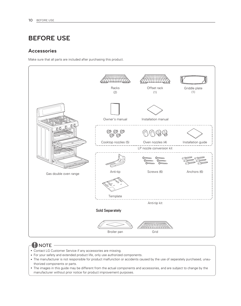 Before use, Accessories | LG LDG3017ST User Manual | Page 10 / 47