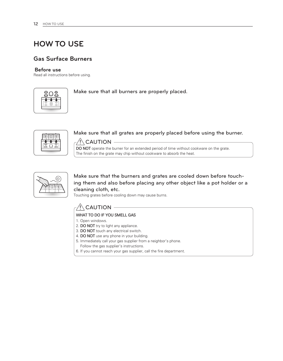 How to use, Gas surface burners, Caution | LG LDG3017ST User Manual | Page 12 / 47