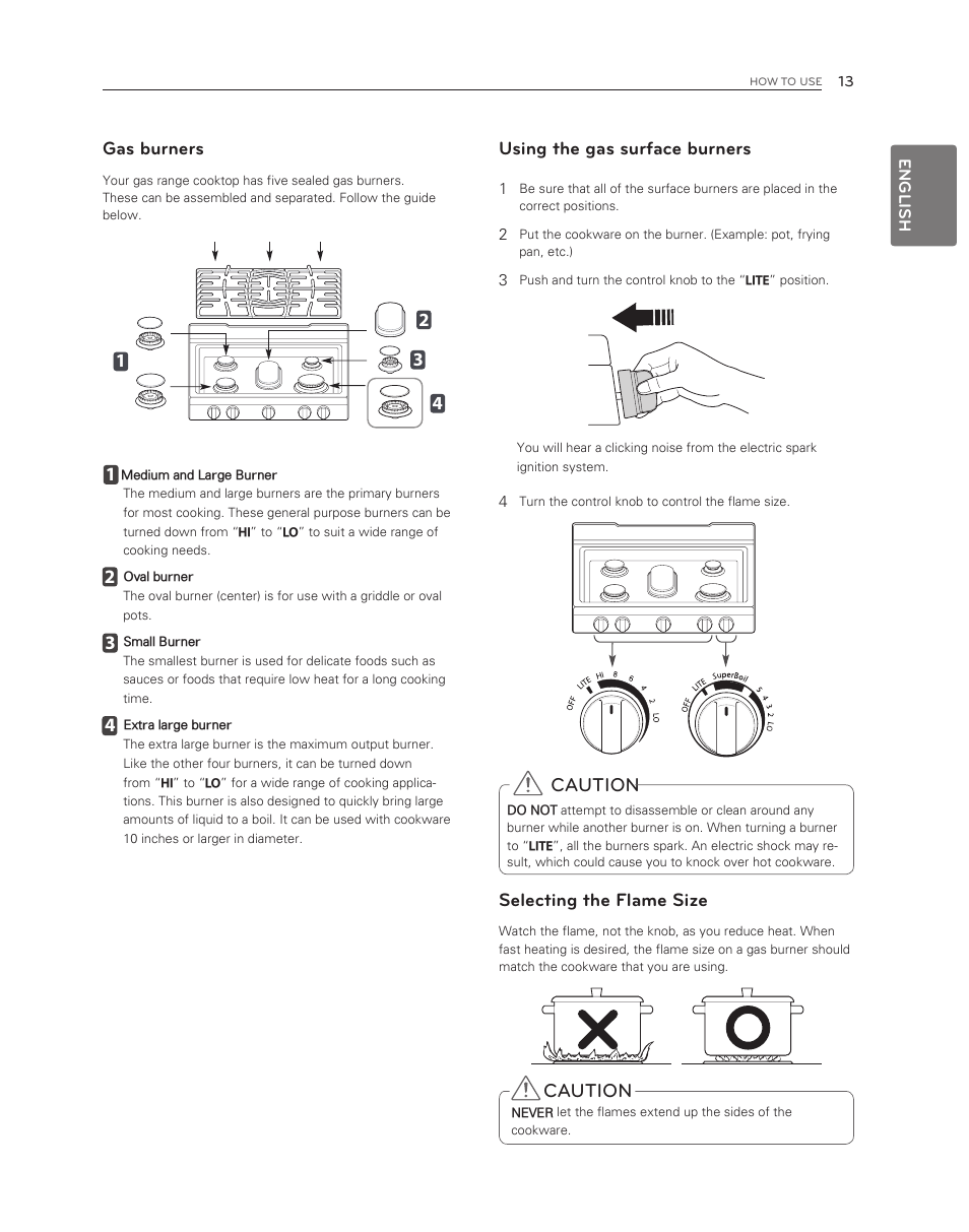 Caution, Gas burners, Using the gas surface burners | Selecting the flame size | LG LDG3017ST User Manual | Page 13 / 47