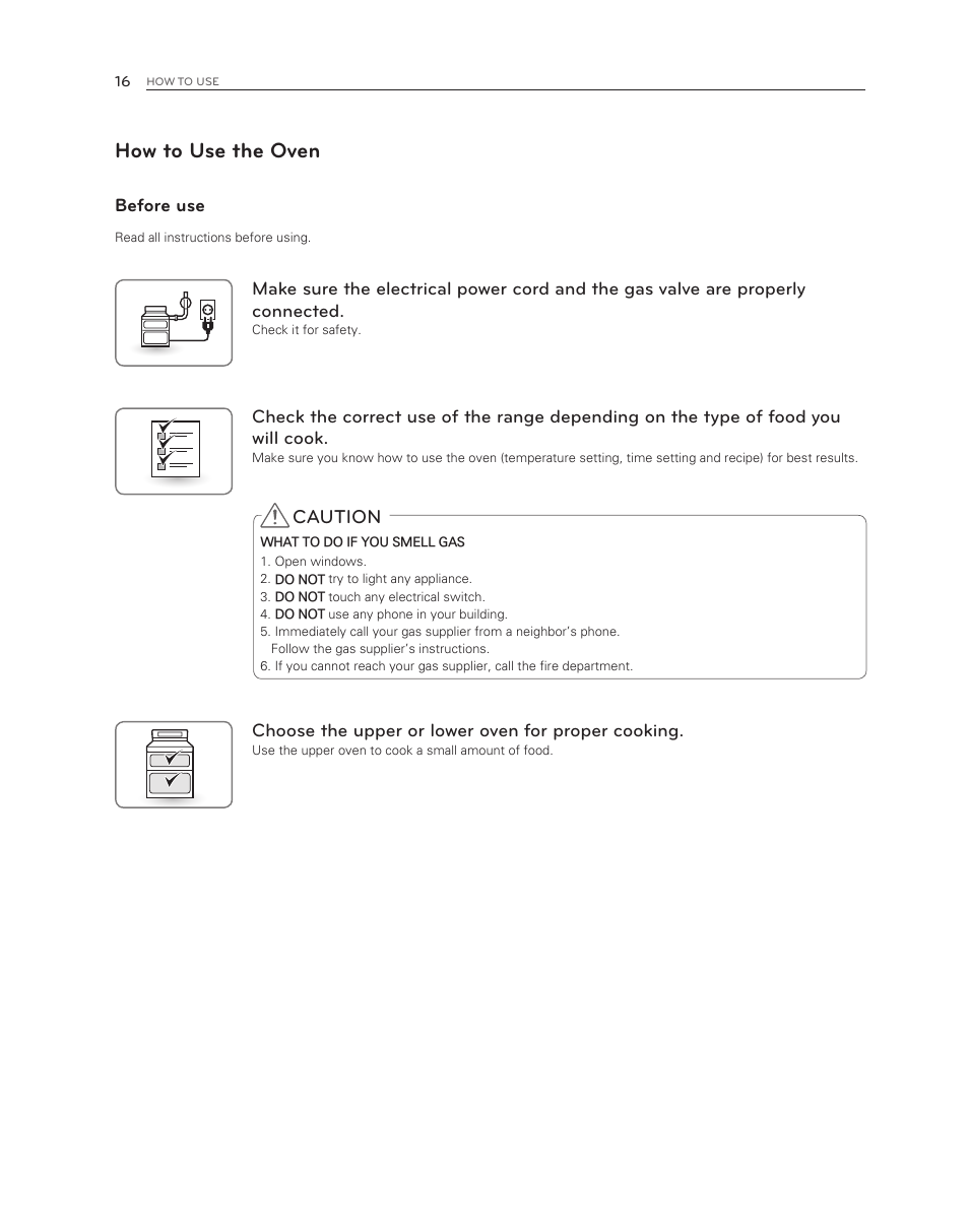 How to use the oven, Caution, Before use | Choose the upper or lower oven for proper cooking | LG LDG3017ST User Manual | Page 16 / 47