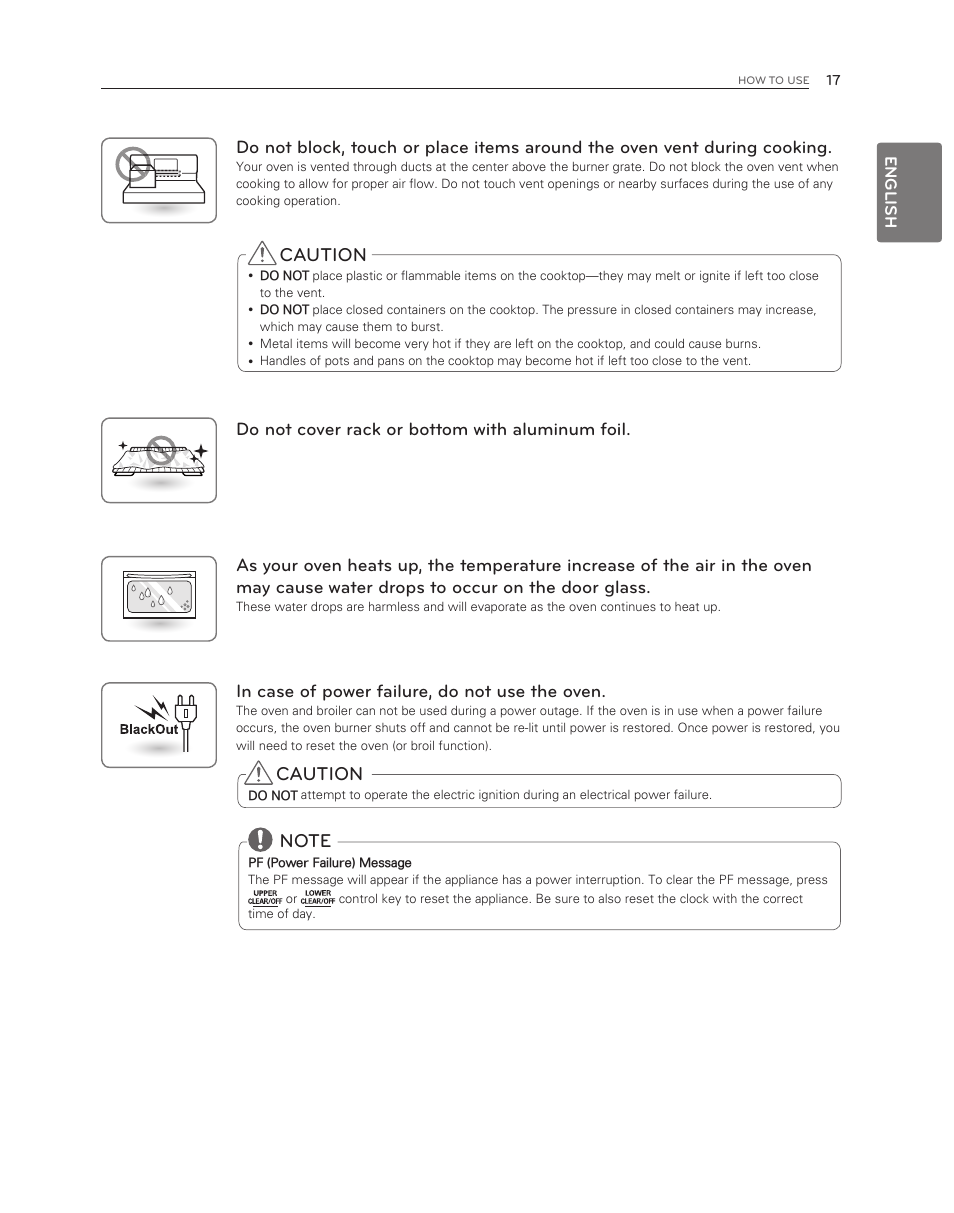 Caution, Do not cover rack or bottom with aluminum foil | LG LDG3017ST User Manual | Page 17 / 47