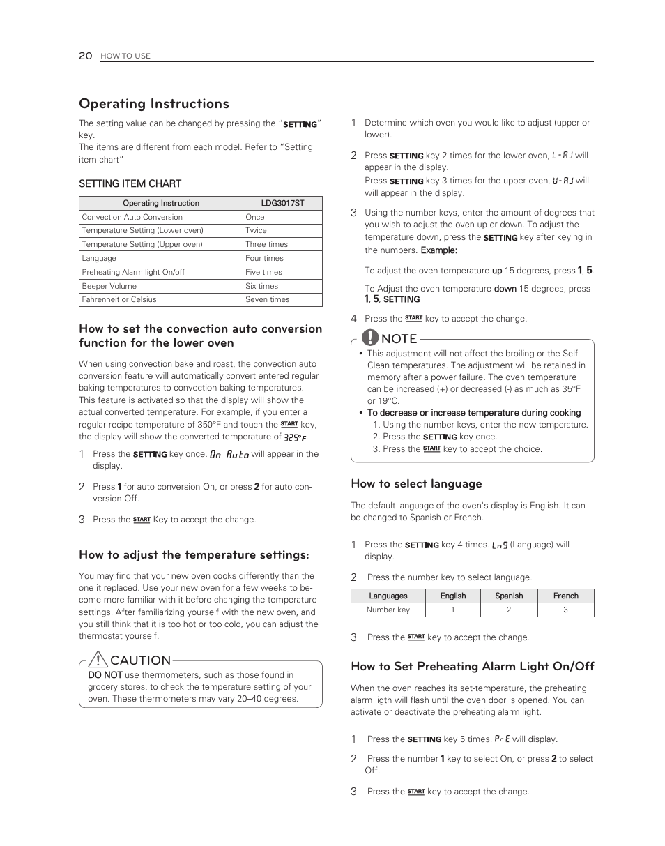 Operating instructions, Caution, How to select language | How to set preheating alarm light on/off, How to adjust the temperature settings | LG LDG3017ST User Manual | Page 20 / 47