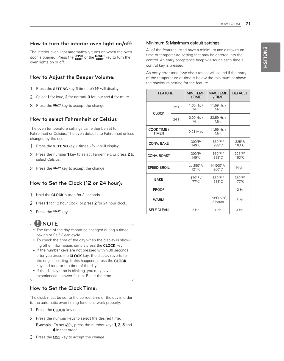 How to select fahrenheit or celsius, How to turn the interior oven light on/off, How to adjust the beeper volume | How to set the clock (12 or 24 hour), How to set the clock time, English | LG LDG3017ST User Manual | Page 21 / 47