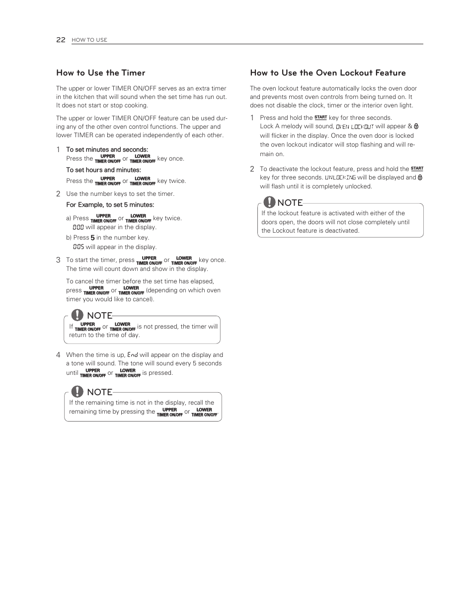 How to use the timer, How to use the oven lockout feature | LG LDG3017ST User Manual | Page 22 / 47