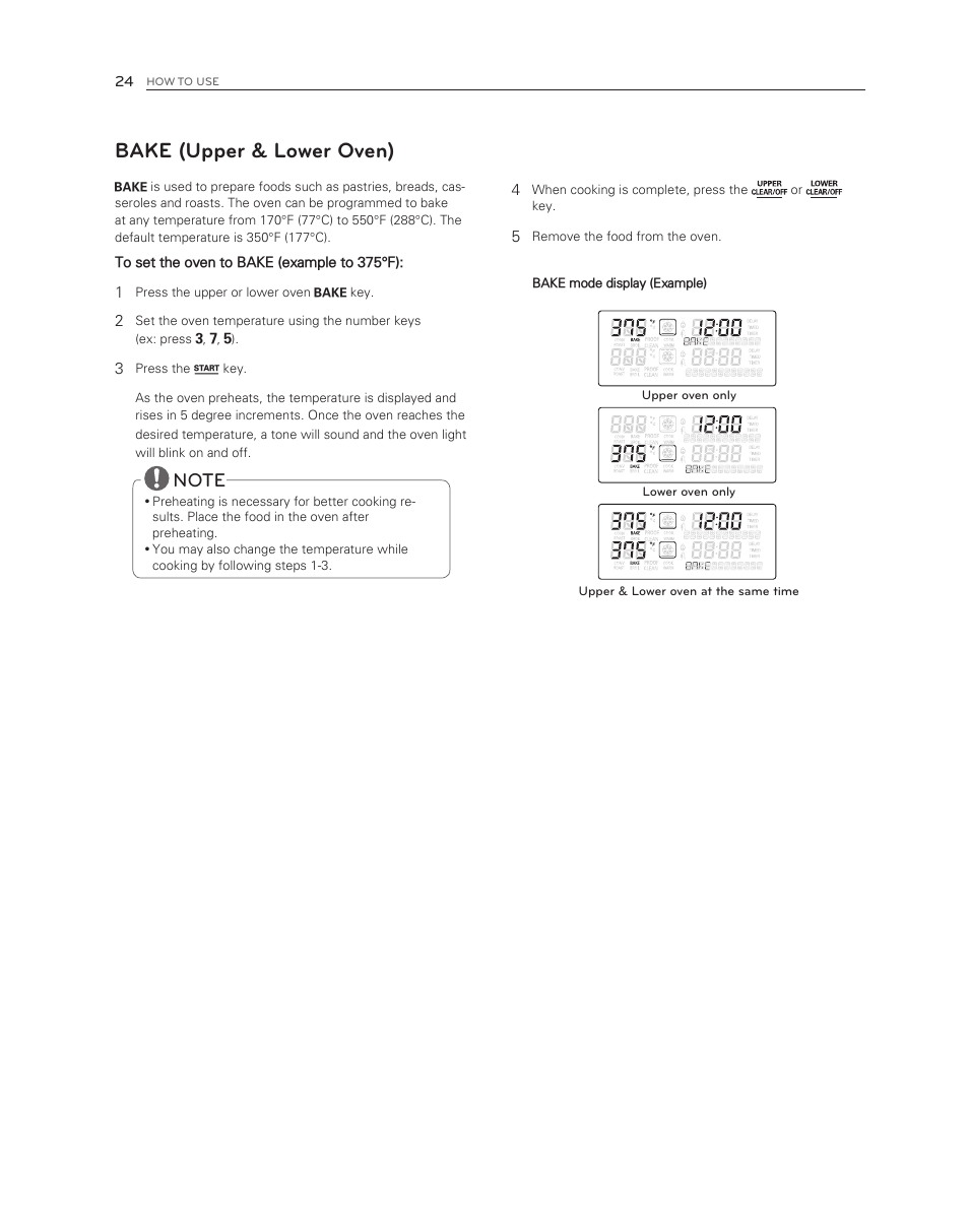 Bake (upper & lower oven) | LG LDG3017ST User Manual | Page 24 / 47