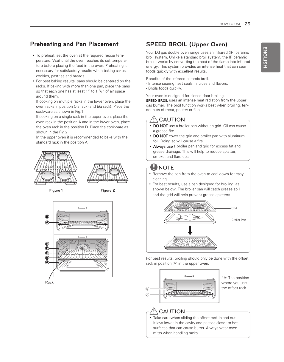 Preheating and pan placement, Speed broil (upper oven), Caution | English | LG LDG3017ST User Manual | Page 25 / 47