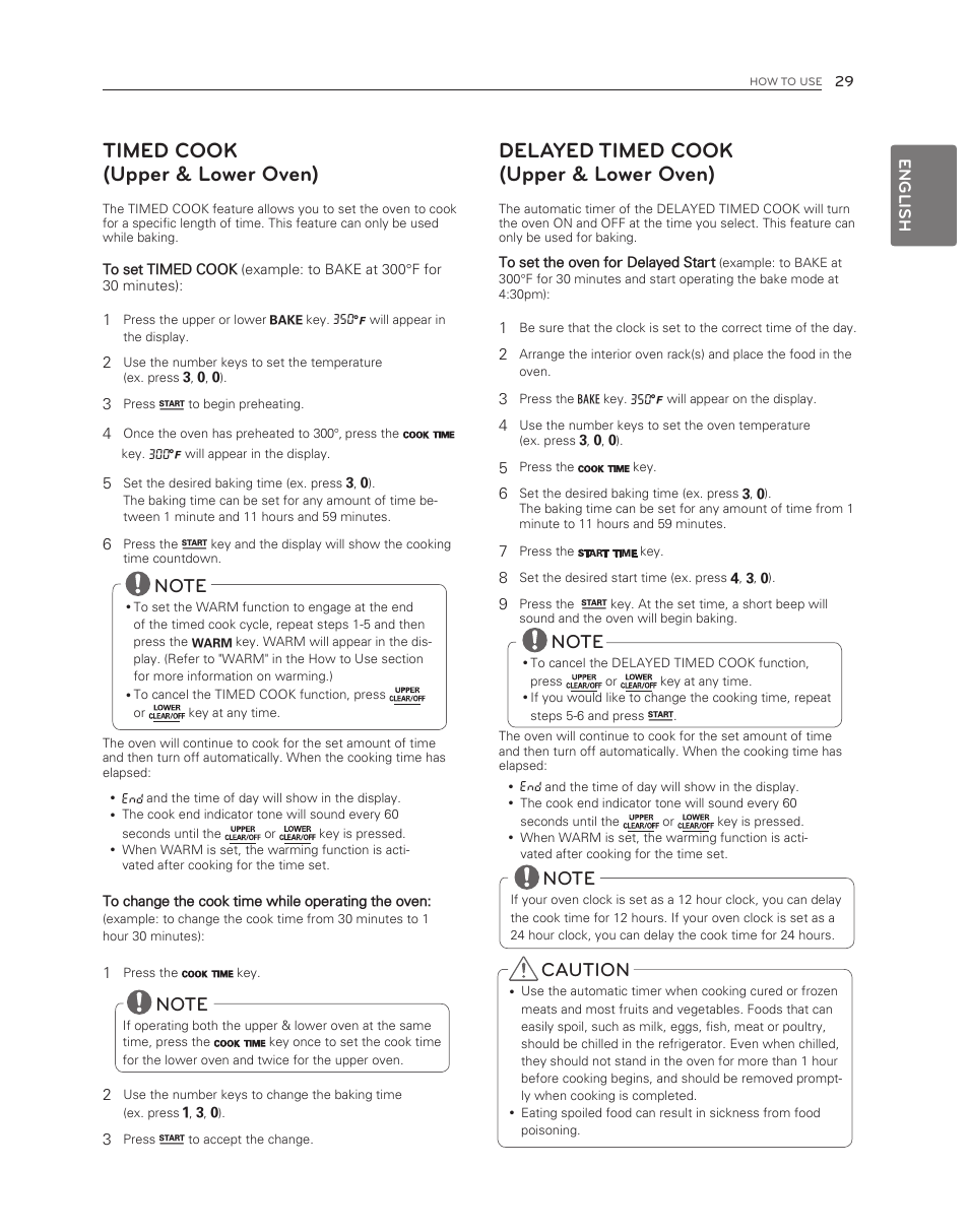 Timed cook (upper & lower oven), Delayed timed cook (upper & lower oven), Caution | English | LG LDG3017ST User Manual | Page 29 / 47