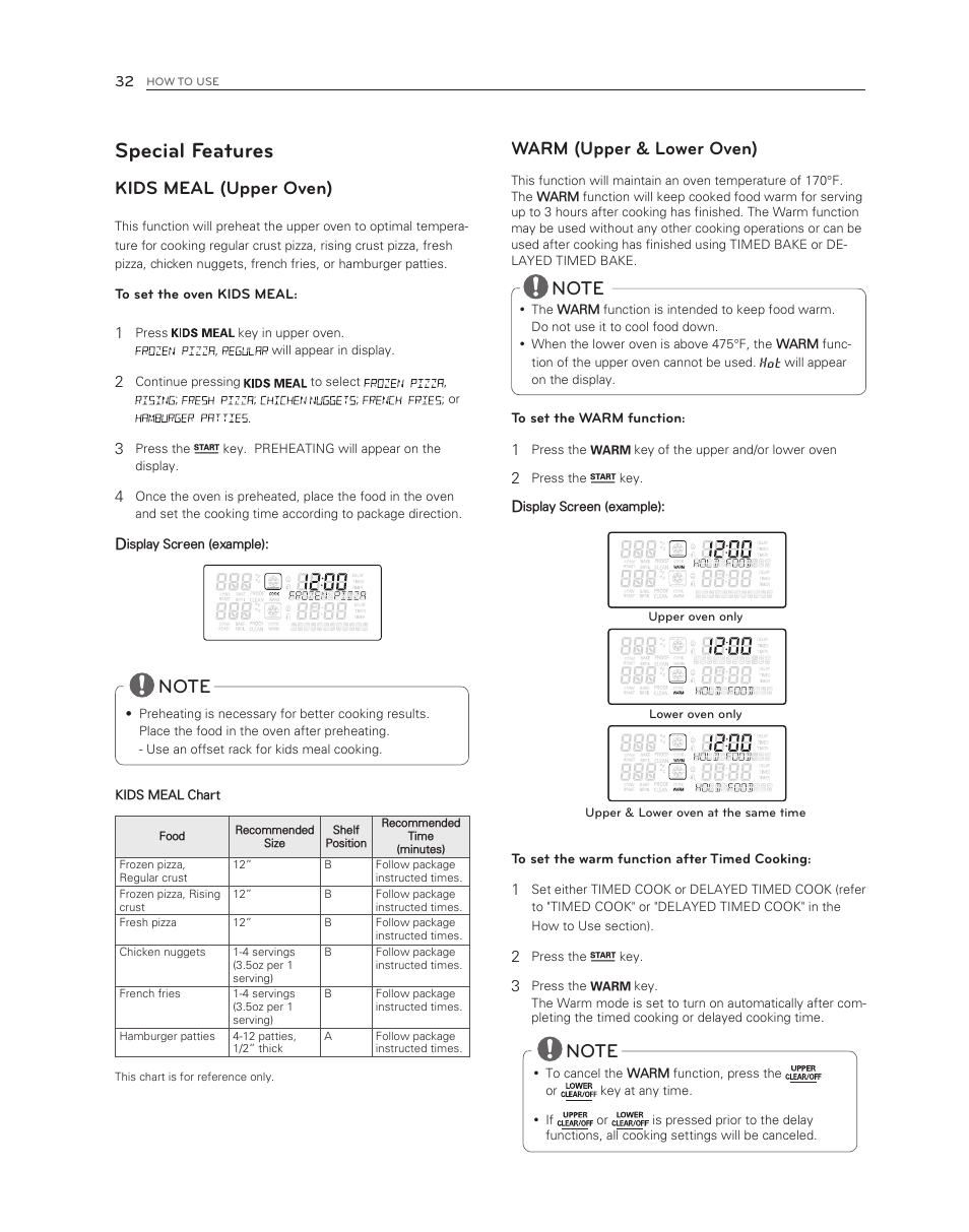 Special features, Kids meal (upper oven), Warm (upper & lower oven) | LG LDG3017ST User Manual | Page 32 / 47