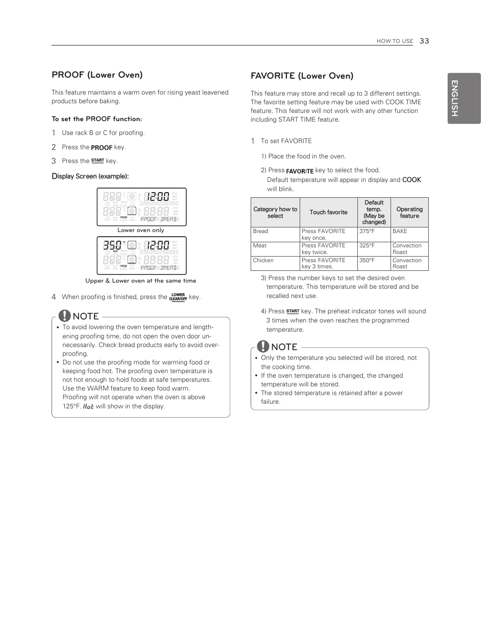Favorite (lower oven), Proof (lower oven), English | LG LDG3017ST User Manual | Page 33 / 47