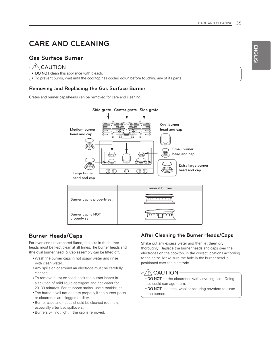Care and cleaning, Gas surface burner, Burner heads/caps | Caution, Removing and replacing the gas surface burner, After cleaning the burner heads/caps, English | LG LDG3017ST User Manual | Page 35 / 47