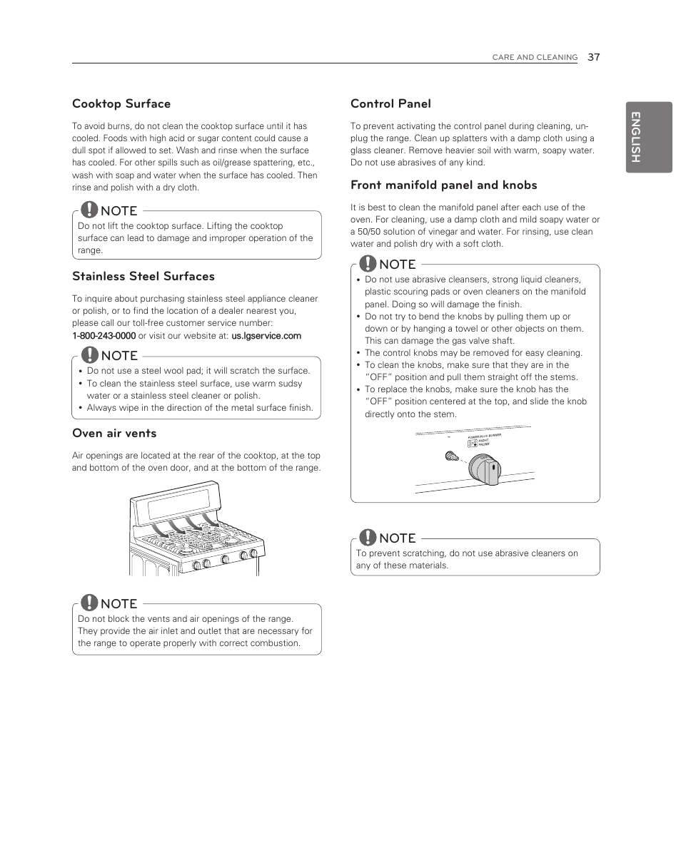 Cooktop surface, Stainless steel surfaces, Oven air vents | Control panel, Front manifold panel and knobs | LG LDG3017ST User Manual | Page 37 / 47