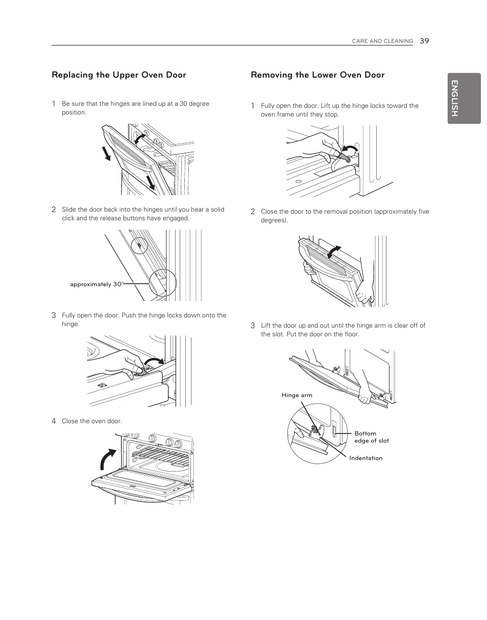 Replacing the upper oven door, Removing the lower oven door, English | LG LDG3017ST User Manual | Page 39 / 47