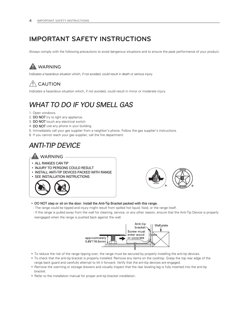 Important safety instructions, What to do if you smell gas, Anti-tip device | Caution, Warning | LG LDG3017ST User Manual | Page 4 / 47