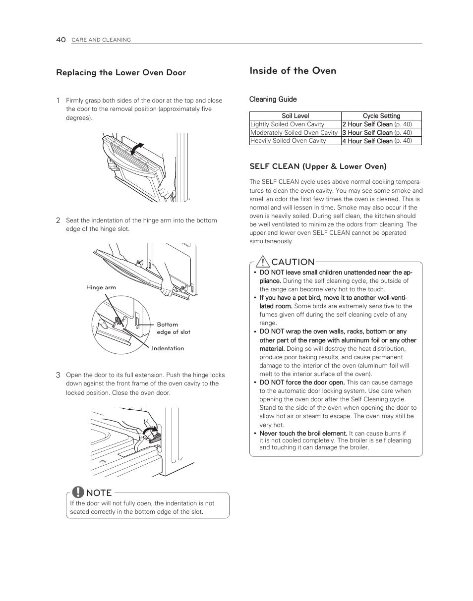 Inside of the oven, Caution, Replacing the lower oven door | Self clean (upper & lower oven) | LG LDG3017ST User Manual | Page 40 / 47