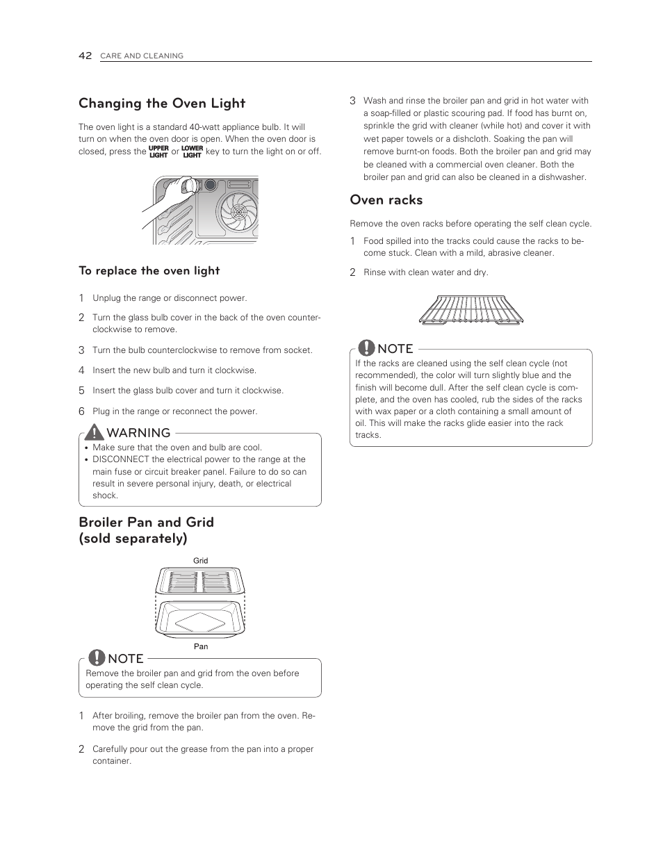 Changing the oven light, Broiler pan and grid (sold separately), Oven racks | Warning | LG LDG3017ST User Manual | Page 42 / 47