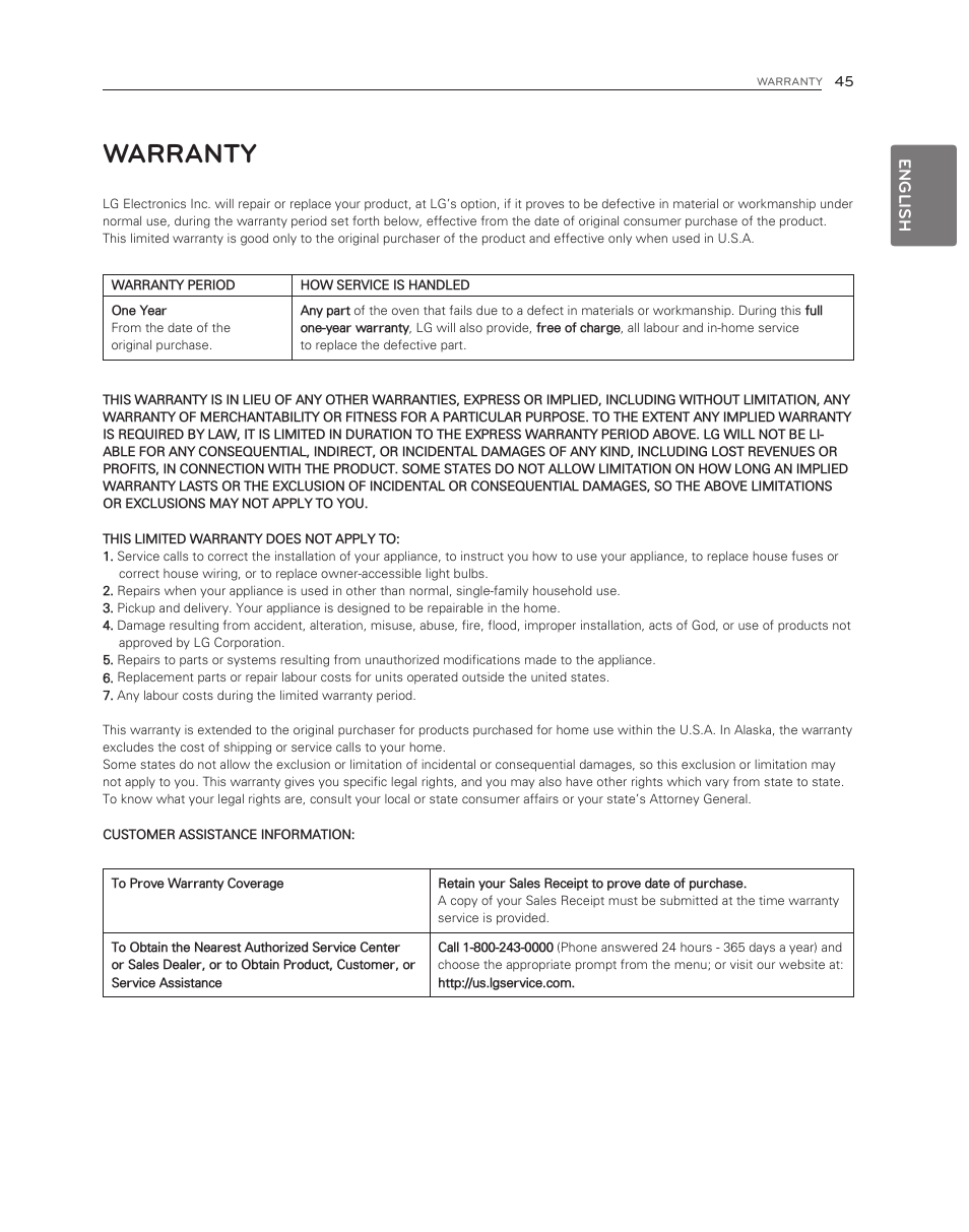 Warranty, English | LG LDG3017ST User Manual | Page 45 / 47