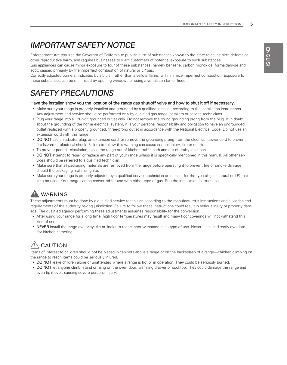 Important safety notice, Safety precautions, Caution | Warning, English | LG LDG3017ST User Manual | Page 5 / 47