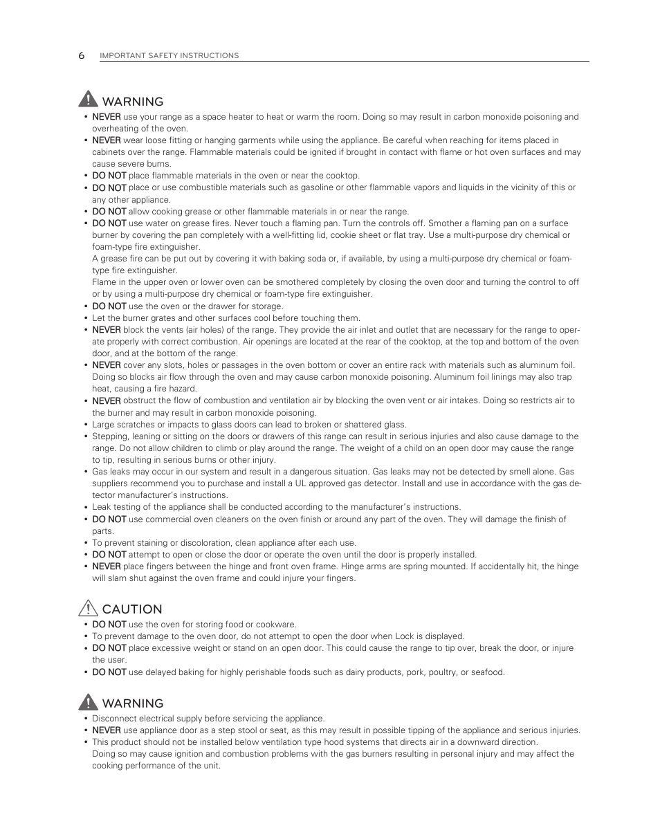 Caution, Warning | LG LDG3017ST User Manual | Page 6 / 47