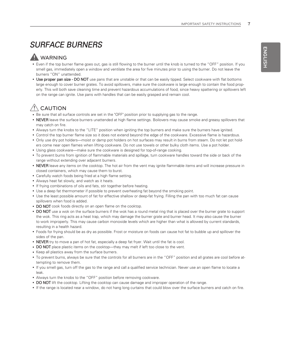 Surface burners, Caution, Warning | English | LG LDG3017ST User Manual | Page 7 / 47