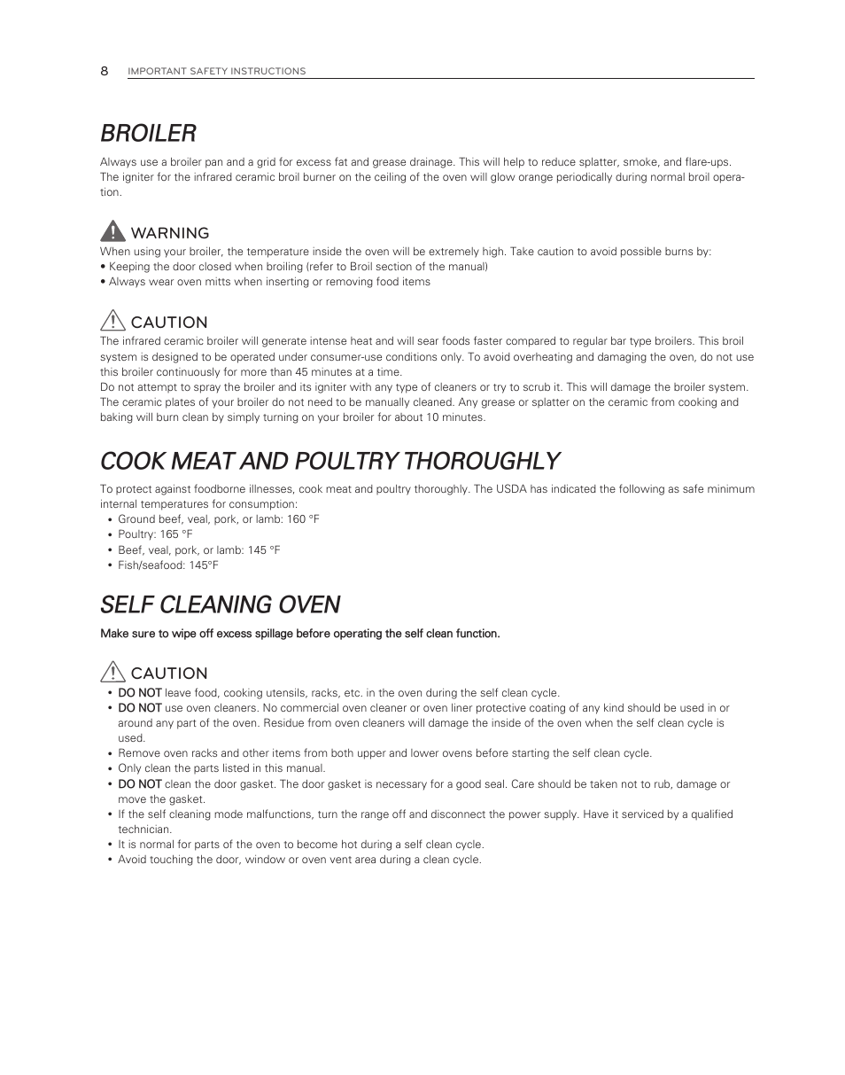 Broiler, Cook meat and poultry thoroughly, Self cleaning oven | Caution, Warning | LG LDG3017ST User Manual | Page 8 / 47