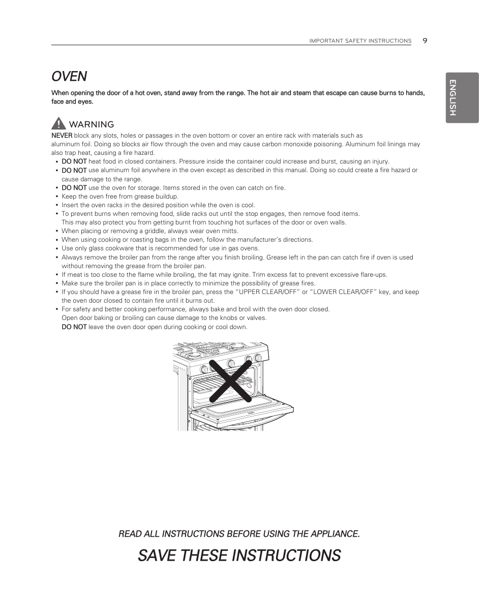 Save these instructions, Oven, Warning | English, Read all instructions before using the appliance | LG LDG3017ST User Manual | Page 9 / 47