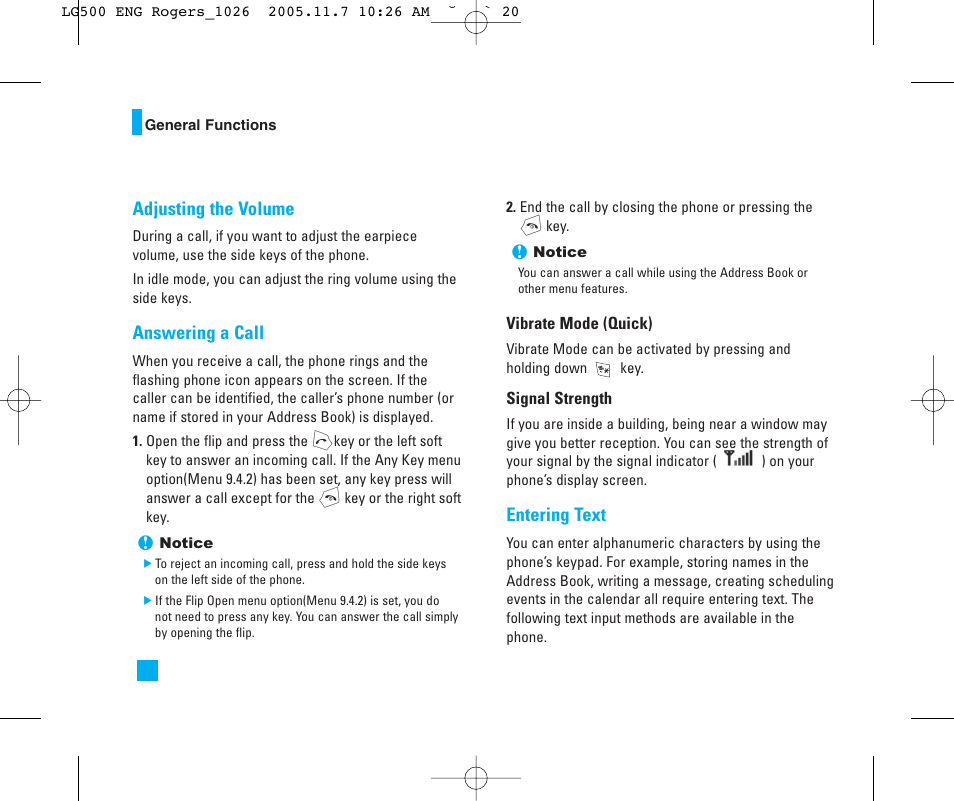 Adjusting the volume, Answering a call, Entering text | LG 500 User Manual | Page 20 / 85
