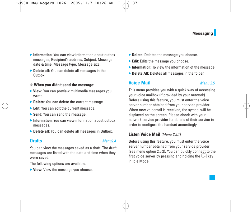 Voice mail, Drafts | LG 500 User Manual | Page 37 / 85