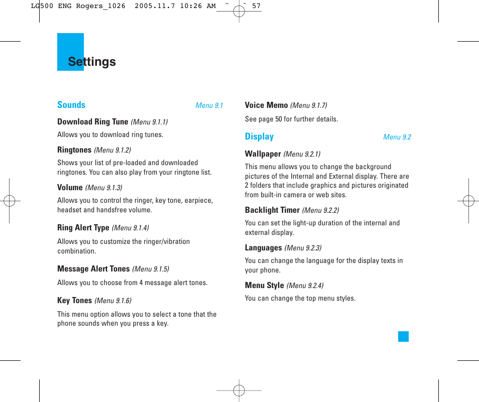 Settings | LG 500 User Manual | Page 57 / 85