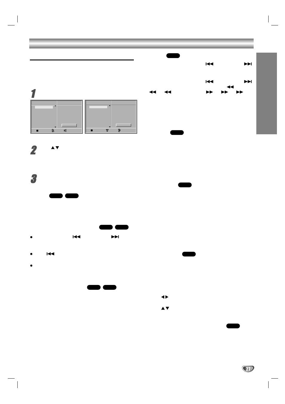 Opera tion, Pause, Moving to another track | Repeat track/all/off, Search, Random, Repeat a-b, 3d surround, Changing the audio channel | LG DV1000 User Manual | Page 27 / 37