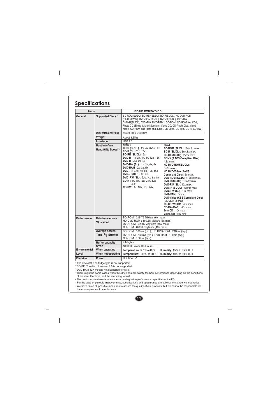 Specifications | LG BE06LU10 User Manual | Page 14 / 15