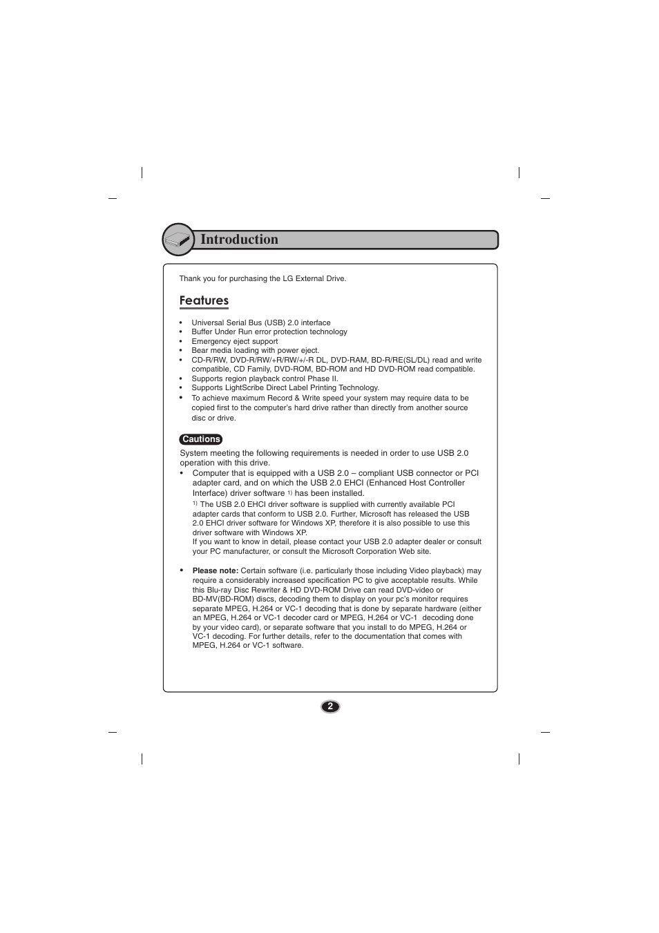 Introduction, Features | LG BE06LU10 User Manual | Page 5 / 15