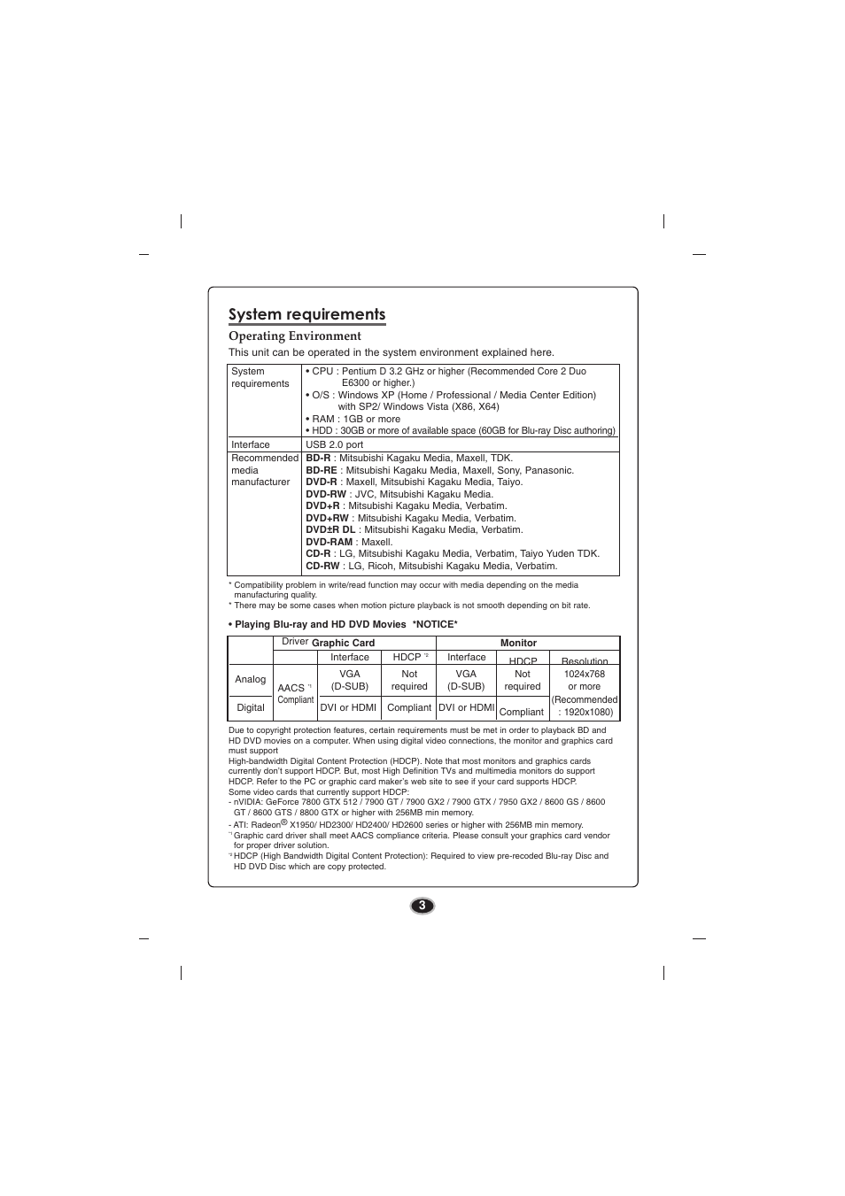 System requirements, Operating environment | LG BE06LU10 User Manual | Page 6 / 15